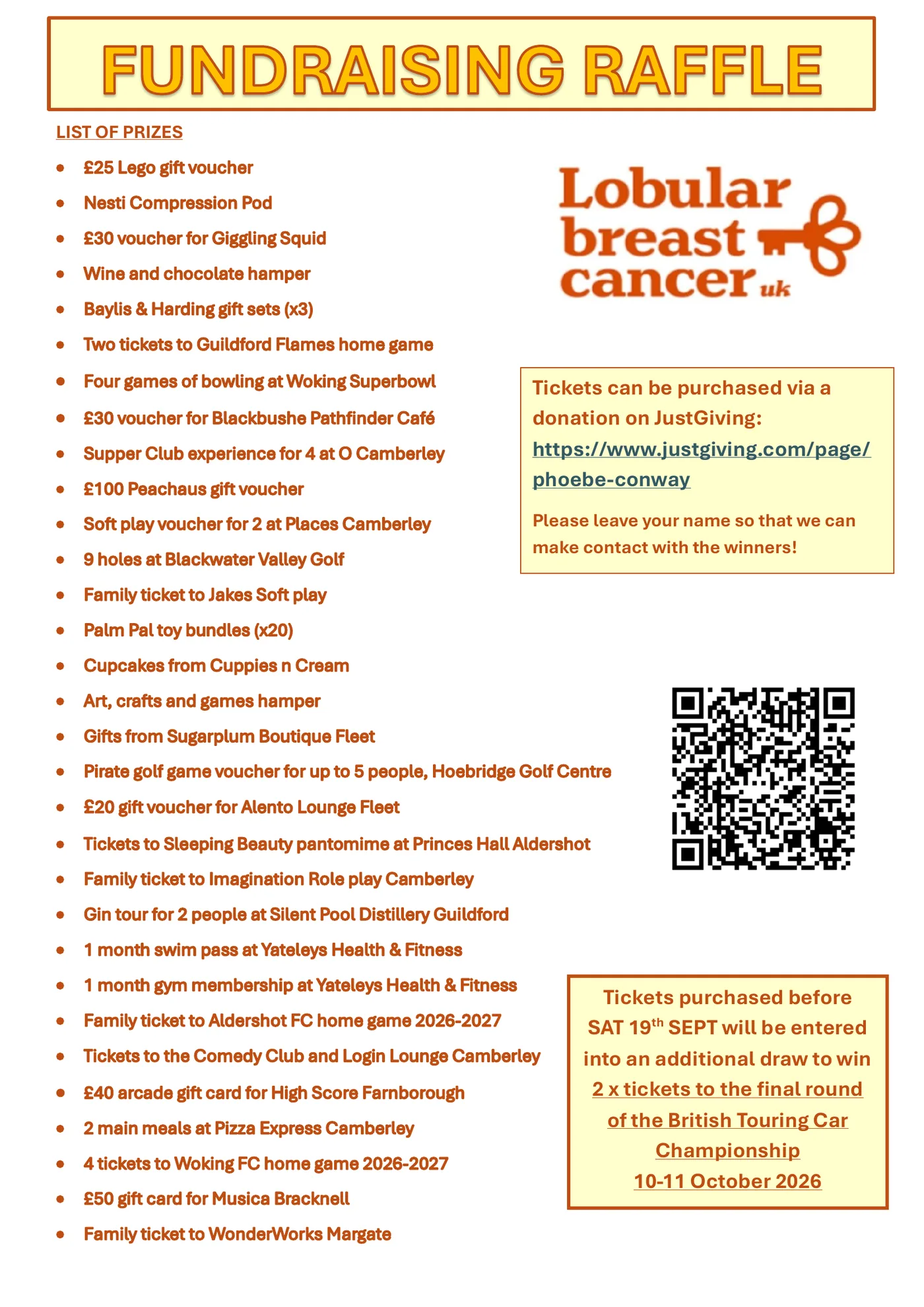Printed list of 31 raffle prizes beside the Lobular Breast Cancer UK logo and a QR code
