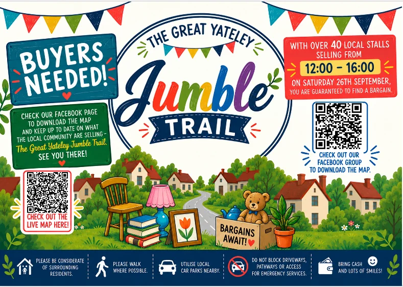 The Great Yateley Jumble Trail poster: over 40 local stalls selling from 12:00 to 16:00 on Saturday 26 September, with two QR codes linking to the live map and the organisers' Facebook group, and a footer asking visitors to be considerate of residents, walk where possible, use local car parks, not block driveways or emergency access, and bring cash